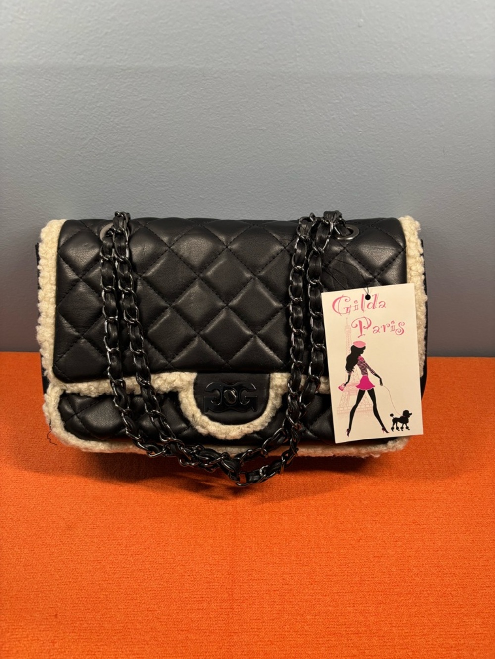 Black Gilda Paris Vegan Leather Shoulder Bag with Vegan Sherpa Trim